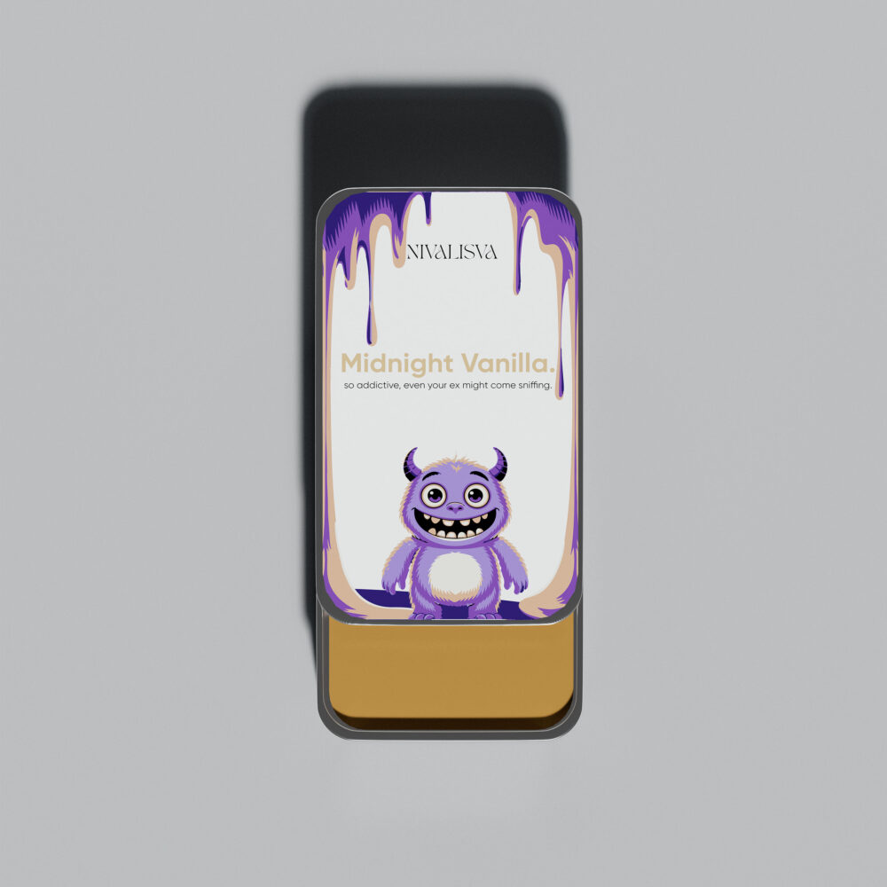 Nivalisva Midnight Vanilla solid perfume in a sleek tin container with a cute purple monster illustration. Portable and mess-free application.
